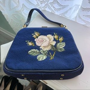 Vintage Julius Resnick JR Needlepoint Purse Bag Navy Tapestry Floral EXCELLENT
